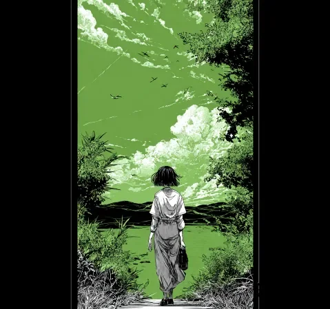 作品条目《云上裁缝铺》封面，云层上的小铺与针线画面